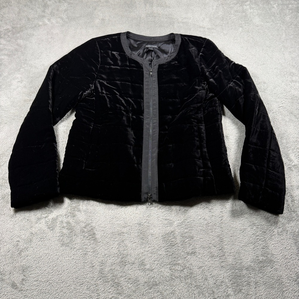 Eileen Fisher Velvet‎ Puffer Jacket Women Small Black Silk Blend Quilted Zip Up